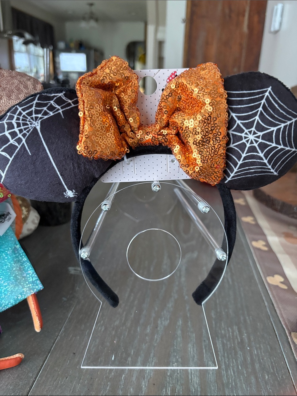 Disney licensed  Black Spiderweb Mouse Ears Headband with Orange Sequin Bow